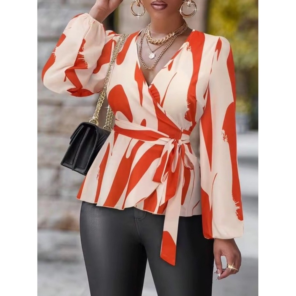 Unity Brush Print Lantern Sleeve Belted Blouse NEW SIZE S